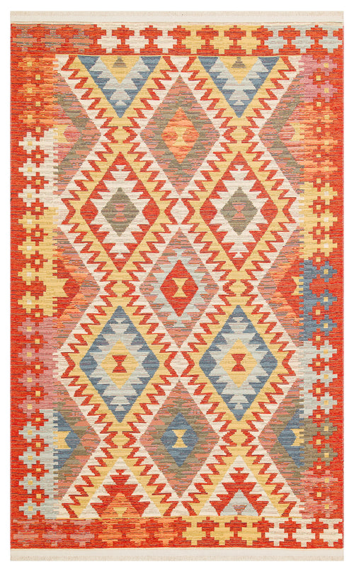 Load image 1 in gallery view. Pastel Grid - Washable Reversible Kilim - NMD09 featuring geometric patterns in red, yellow, blue, and beige with diamond shapes and zigzag motifs in a symmetrical, colorful Southwestern design.