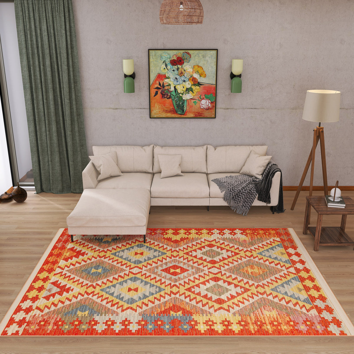 A cozy living room with a beige sectional sofa, the Pastel Grid - Washable Reversible Kilim - NMD09 rug, a floor lamp, green curtains, wall sconces, and a floral painting above the couch. A blanket is draped over the sofa’s arm.