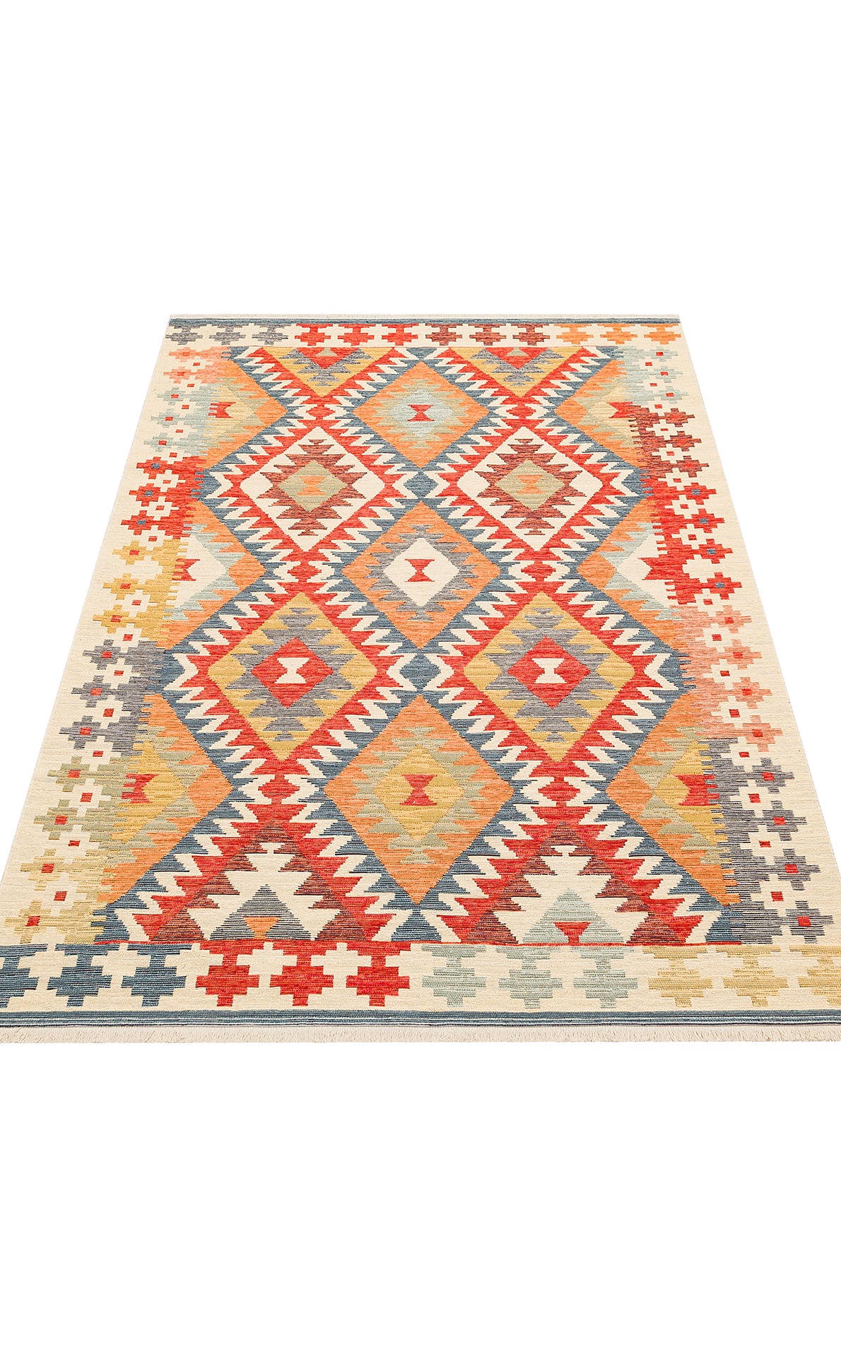 The Pastel Grid - Washable Reversible Kilim (NMD09) features a rectangular design with diamond shapes and repeating motifs in red, orange, yellow, blue, and beige on a white background.