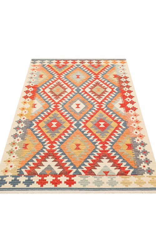 Load image 1 in gallery view. The Pastel Grid - Washable Reversible Kilim (NMD09) features a rectangular design with diamond shapes and repeating motifs in red, orange, yellow, blue, and beige on a white background.