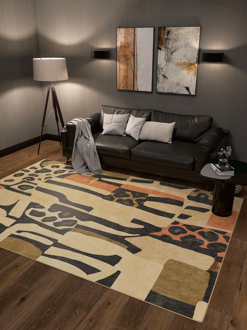Bild 1 in Galerieansicht laden. A modern living room featuring a black leather sofa, throw blanket, accent pillows, tripod floor lamp, two abstract wall artworks, the Pastel Harmony - Washable Rug - JRN43 with geometric patterns, and a small side table on wooden flooring.