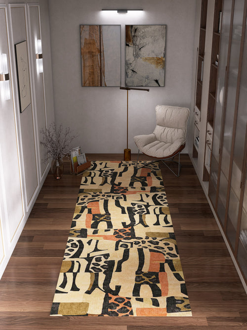 Bild 1 in Galerieansicht laden. A modern hallway with a wooden floor, the Pastel Harmony - Washable Rug - JRN43 featuring abstract patterns, a beige lounge chair, decorative vase, books, and two abstract artworks on softly lit walls.