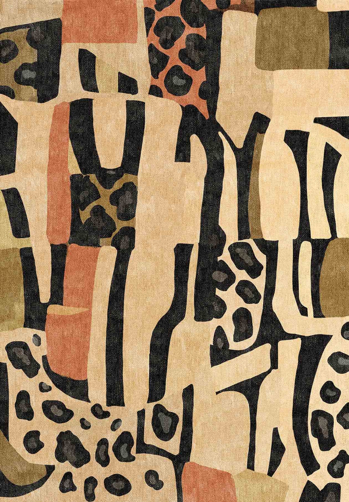 Pastel Harmony - Washable Rug - JRN43 (Custom Size) features an abstract design in tan, black, olive, and rust with bold shapes, stripes, and animal print spots—an artistic patchwork perfect for high-traffic areas.