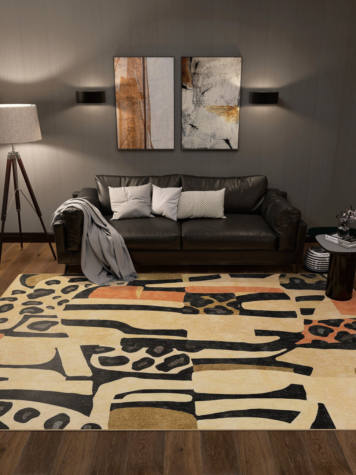 A modern living room with a black leather sofa, white and gray pillows, abstract wall art, a standing lamp, and the Pastel Harmony - Washable Rug - JRN43 (Custom Size)—perfect for high-traffic and allergy-sensitive homes.