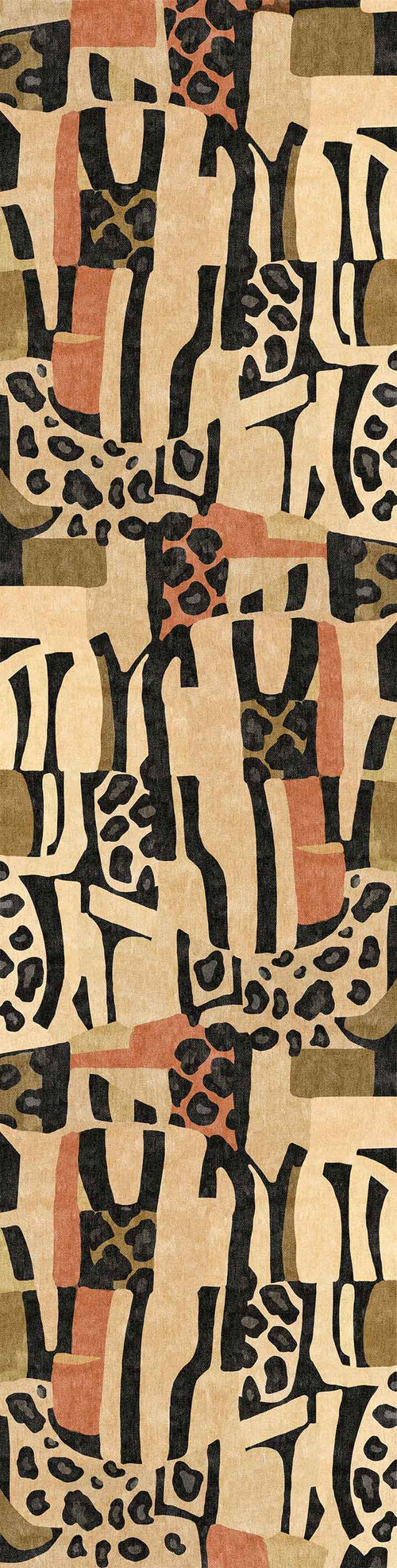Load image 1 in gallery view. Pastel Harmony - Washable Rug - JRN43 (Custom Size) features overlapping geometric and organic shapes in beige, tan, olive, black, and rust with motifs like bottles and animal prints—perfect for high-traffic areas.