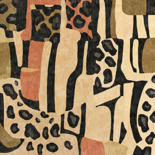 Load image 1 in gallery view. The Pastel Harmony - Washable Rug - JRN43 (Custom Size) blends geometric and organic shapes in beige, black, olive green, and rust tones—some resembling animal spots—ideal for allergy-sensitive homes and high-traffic spaces.
