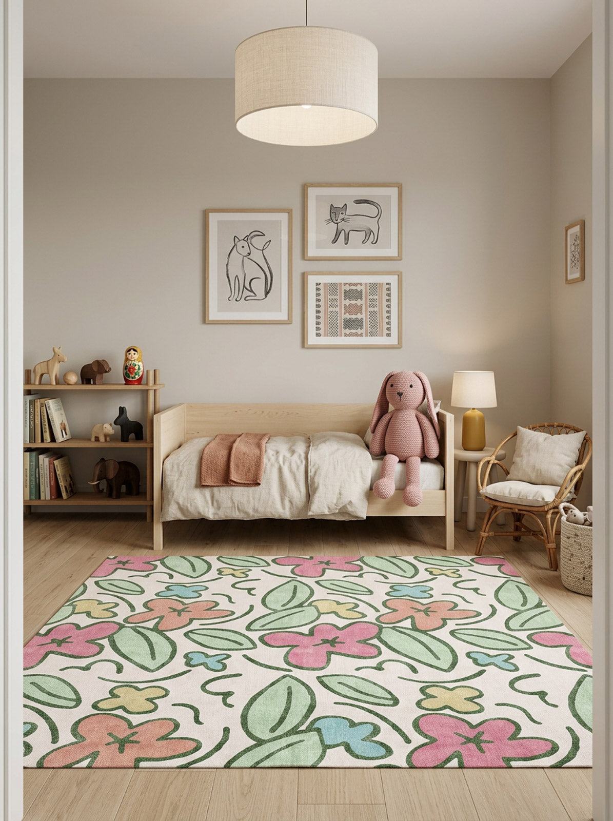 Cream rug with a colorful floral and leaf pattern in pink, green, and blue, styled in a child's bedroom.