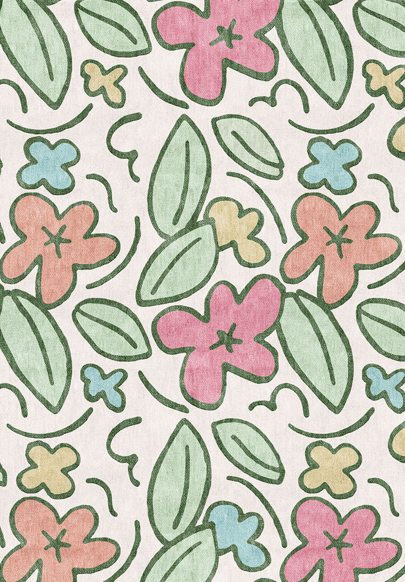 Off-white rug with a whimsical floral pattern in pink, light blue, yellow, and sage green with dark green outlines.