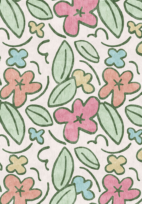 Load image 1 in gallery view. Off-white rug with a whimsical floral pattern in pink, light blue, yellow, and sage green with dark green outlines.
