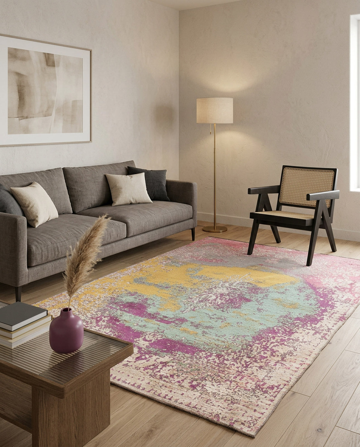 Abstract multi-colored rug with yellow, magenta, and teal patches in a modern living room.