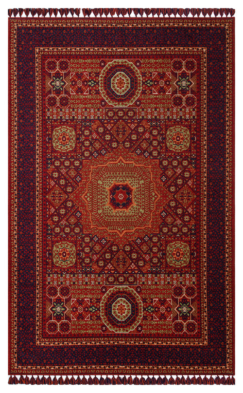 Load image 1 in gallery view. The Patch Bloom - Kilim - BHR10 showcases classic elegance with intricate geometric and floral motifs in red, gold, green, and navy blue. Its detailed borders and fringed edges make it a timeless centerpiece for any space.