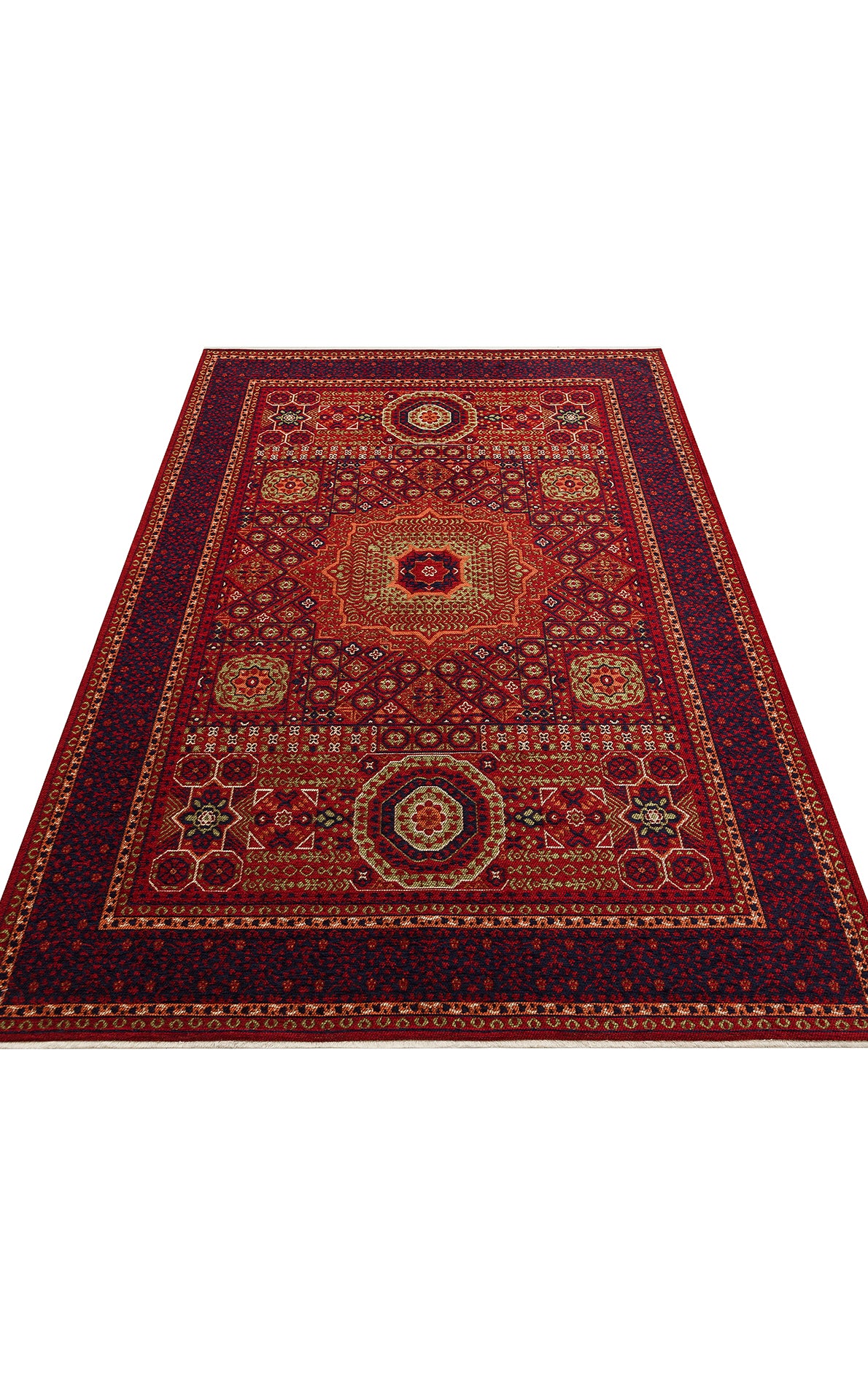 The Patch Bloom - Kilim - BHR10 is a large, rectangular red Persian rug with intricate geometric and floral designs in gold, blue, and white hues, accented by multiple decorative borders.