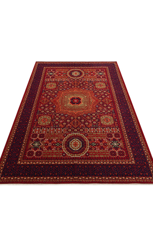 Load image 1 in gallery view. The Patch Bloom - Kilim - BHR10 is a large, rectangular red Persian rug with intricate geometric and floral designs in gold, blue, and white hues, accented by multiple decorative borders.