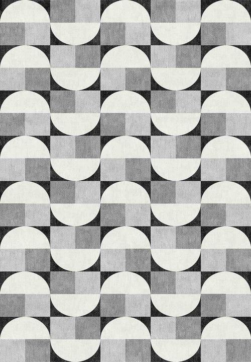 Load image 1 in gallery view. The Patina Bloom - Washable Rug - JRN50 features a modern geometric pattern with alternating semicircles and rectangles in black, white, and gray for an eye-catching, optical illusion effect—ideal for contemporary interiors.