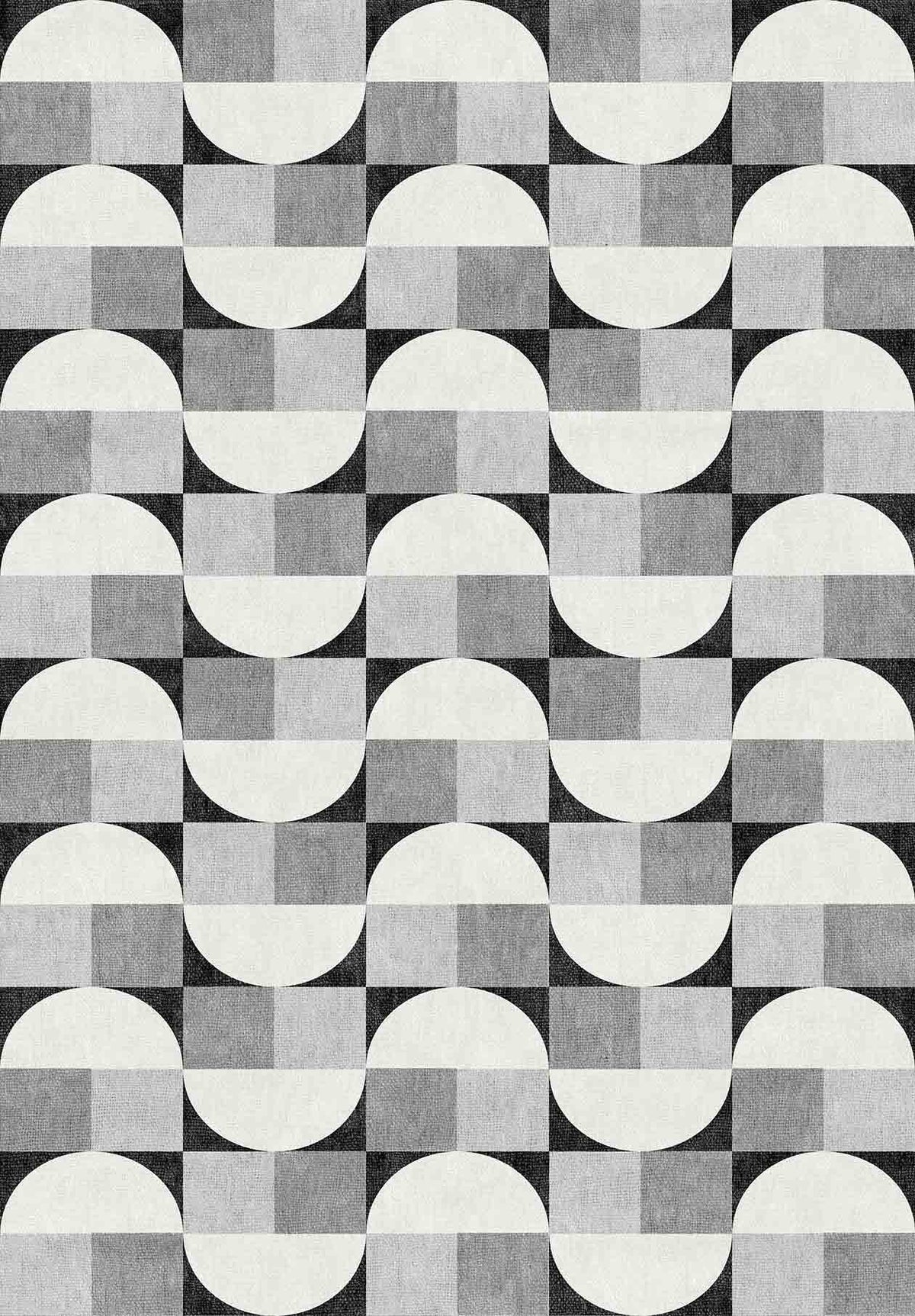 The Patina Bloom - Washable Rug - JRN50 (Custom Size) features a geometric pattern of alternating semicircles and rectangles in black, white, and gray, creating a stylish optical illusion perfect for modern interiors.