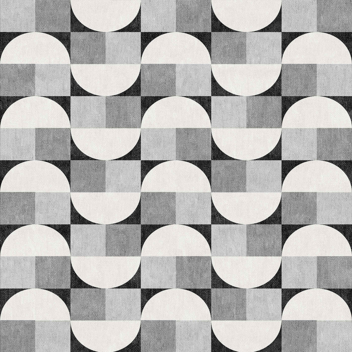 The Patina Bloom - Washable Rug - JRN50 (Custom Size) features a modern, abstract design with geometric black, white, and gray semicircles and squares—ideal for adding visual texture to contemporary interiors.