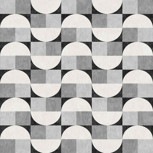 Bild 1 in Galerieansicht laden. The Patina Bloom - Washable Rug - JRN50 (Custom Size) features a modern, abstract design with geometric black, white, and gray semicircles and squares—ideal for adding visual texture to contemporary interiors.