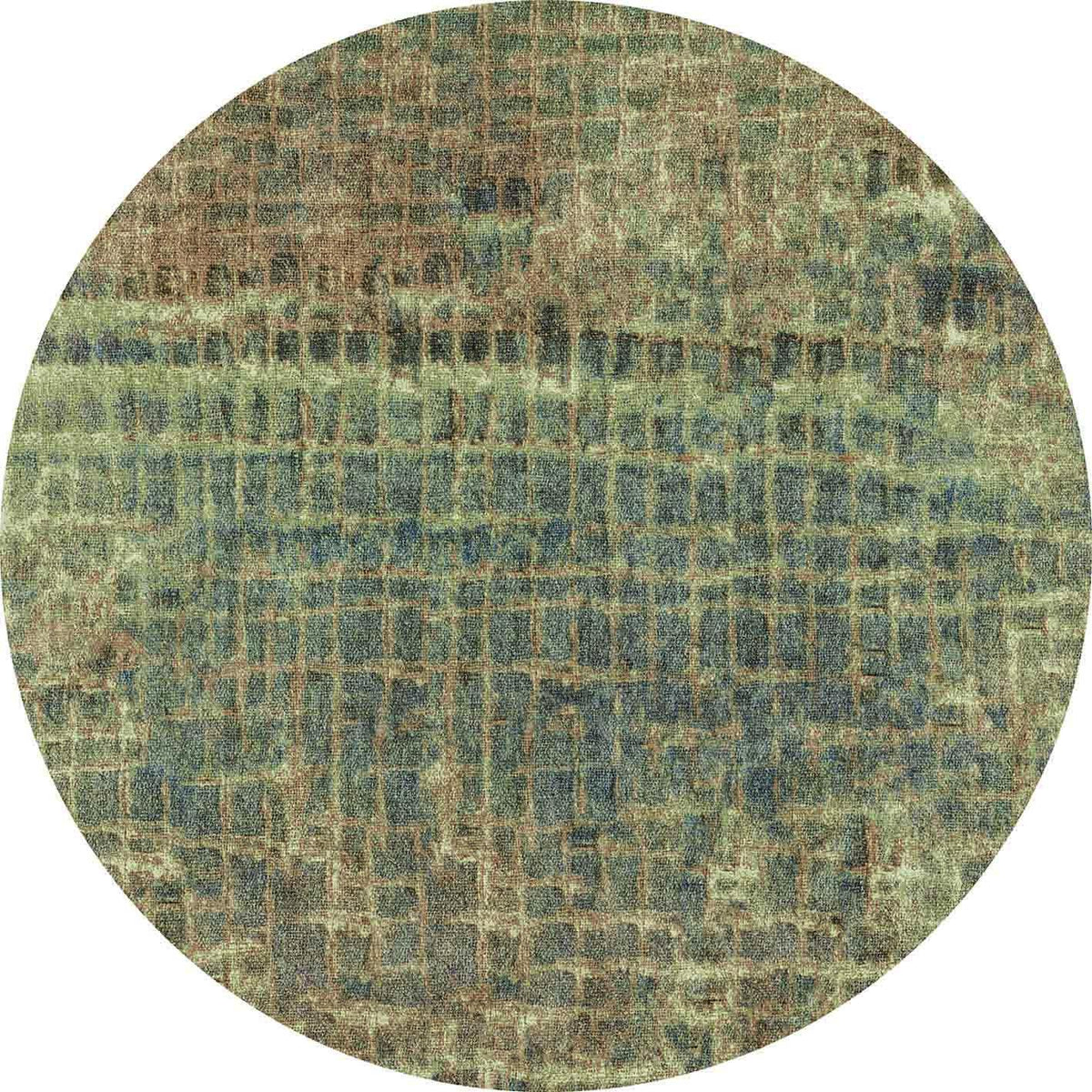 Round rug with a distressed grid pattern in shades of sage green, slate blue, and muted brown.