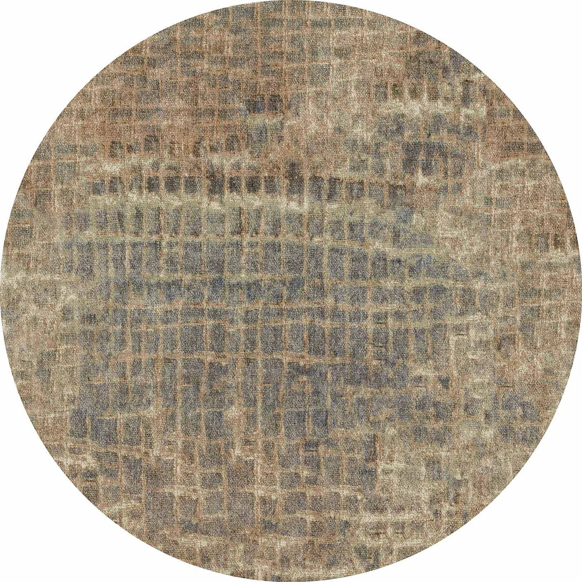 Round rug with a distressed grid pattern in shades of sage green, slate blue, and muted brown.