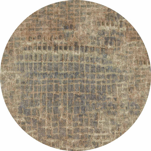 Bild 1 in Galerieansicht laden. Round rug with a distressed grid pattern in shades of sage green, slate blue, and muted brown.