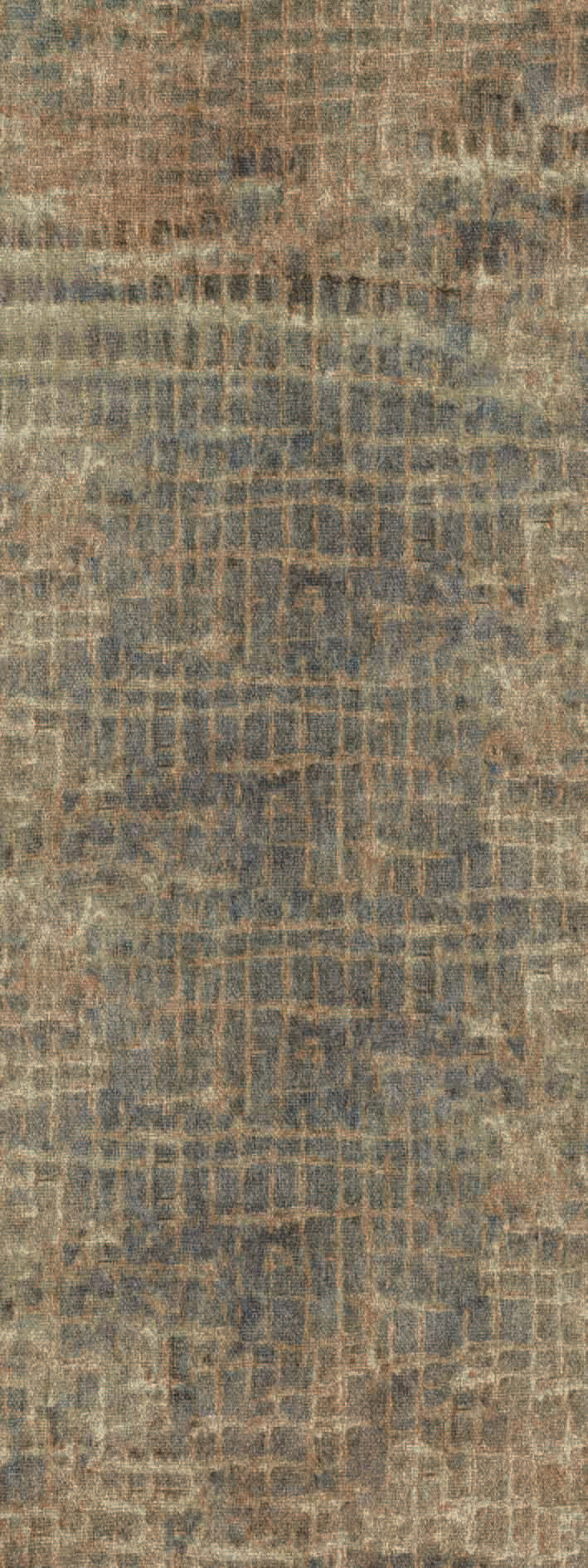 Olive green and charcoal grey runner rug with a distressed, abstract grid pattern.