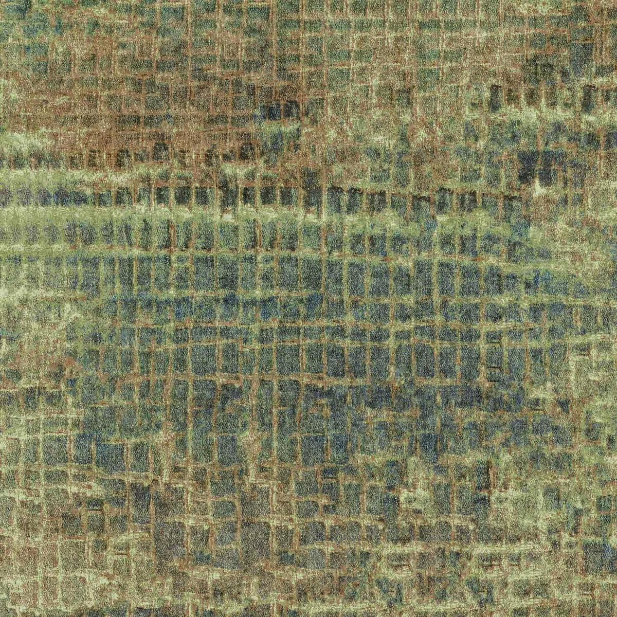 Olive green and charcoal grey rug with a distressed, textured grid pattern.