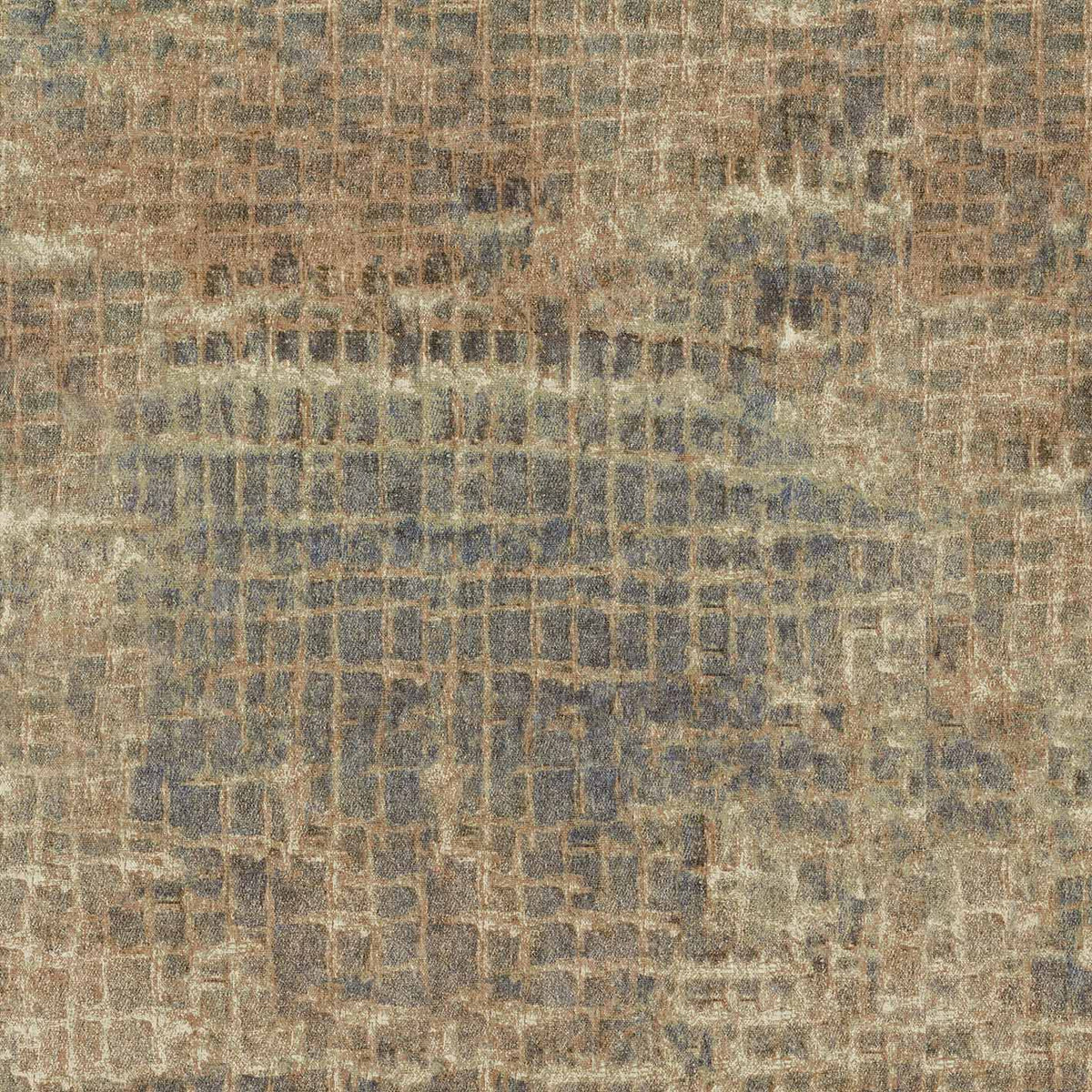 Olive green and charcoal grey square rug with a distressed, abstract grid pattern.