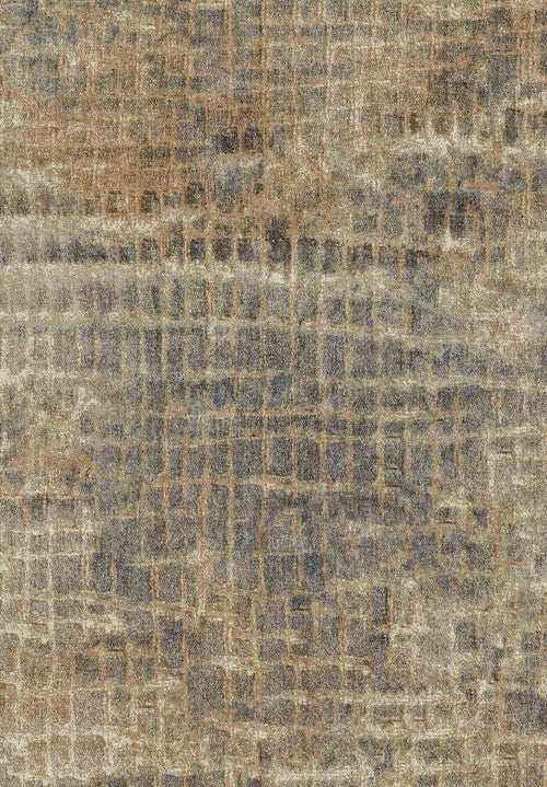 Load image 1 in gallery view. Distressed grid-pattern rug in shades of charcoal, slate blue, and tan with a textured, weathered finish.