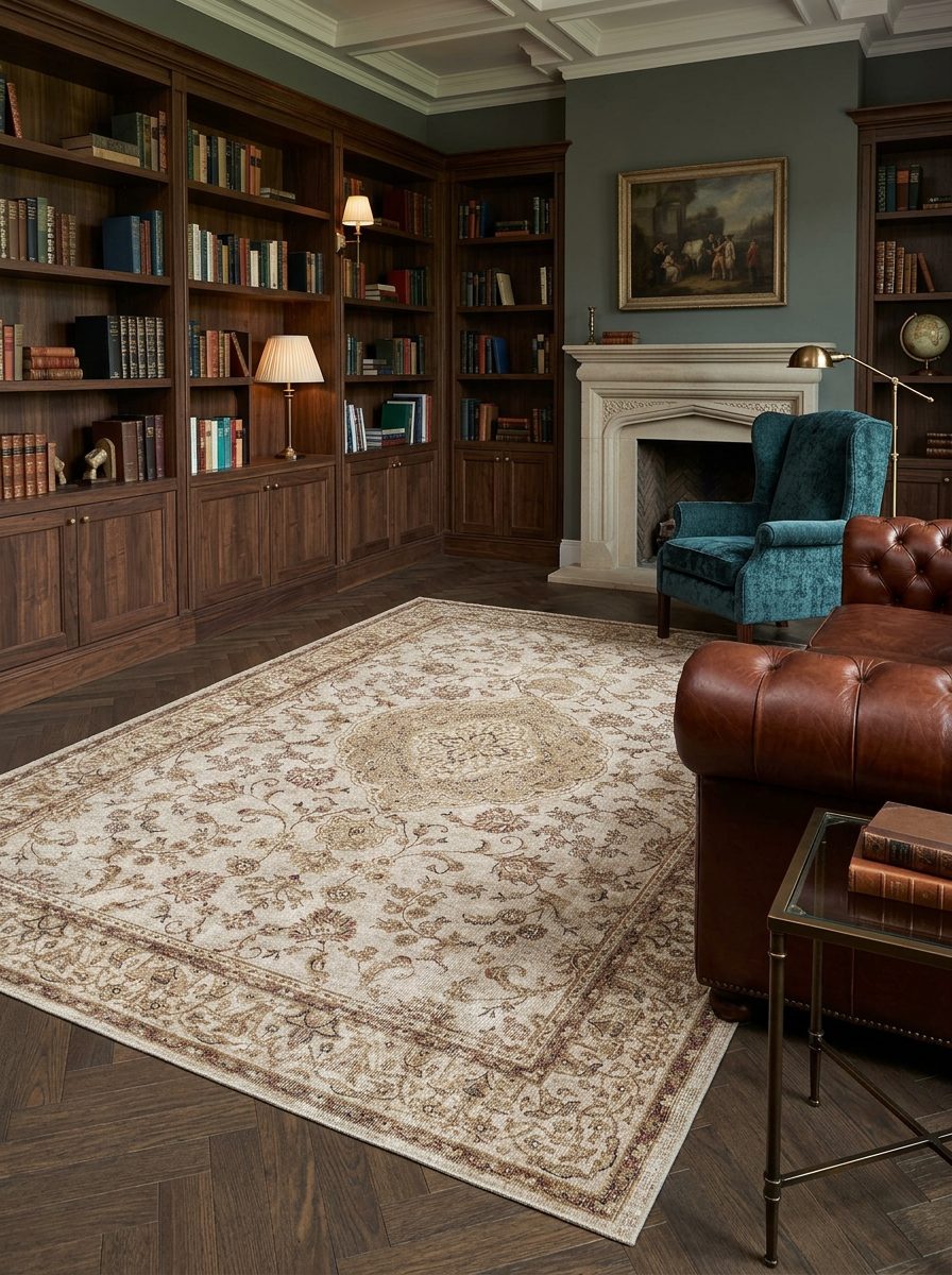 Beige and brown traditional floral medallion rug in a library setting with wood bookshelves and leather furniture.