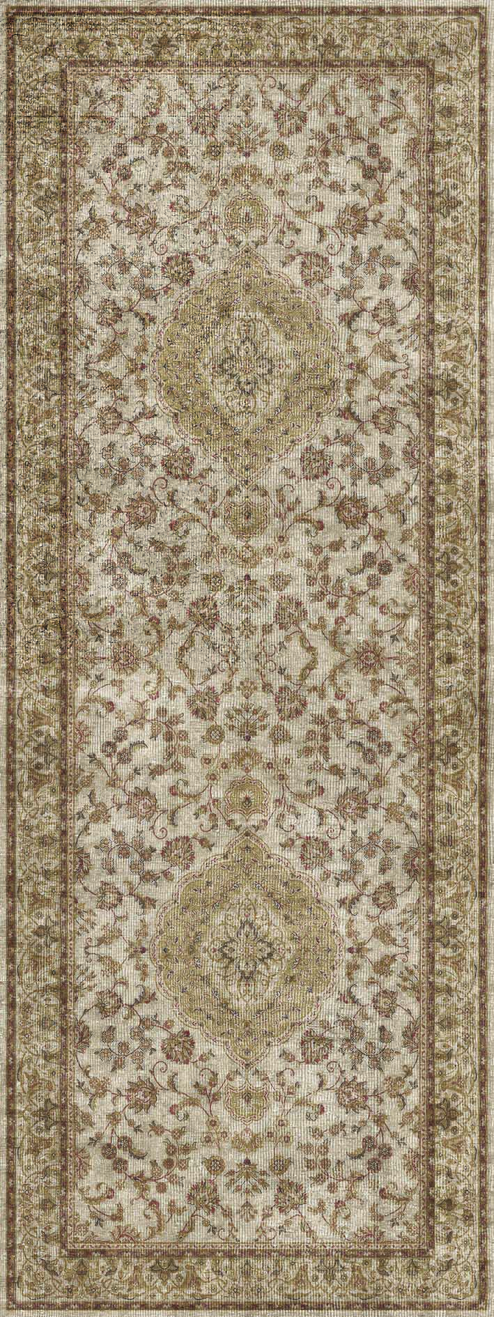 Beige and brown runner rug with a traditional floral medallion pattern and a decorative border.