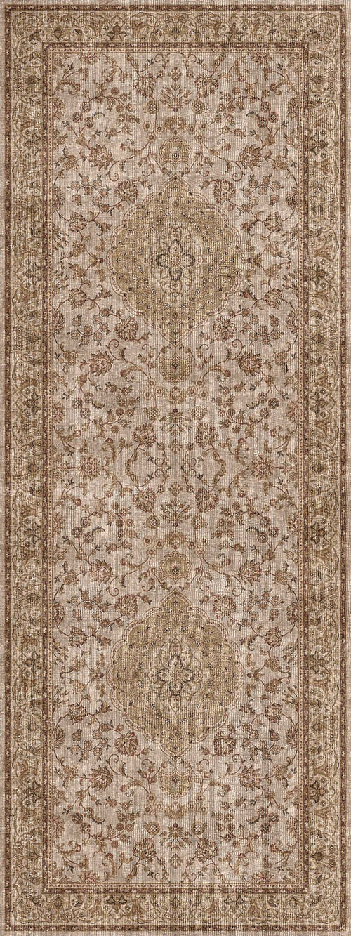 Load image 1 in gallery view. Beige and brown runner rug with a traditional floral medallion pattern and a decorative border.