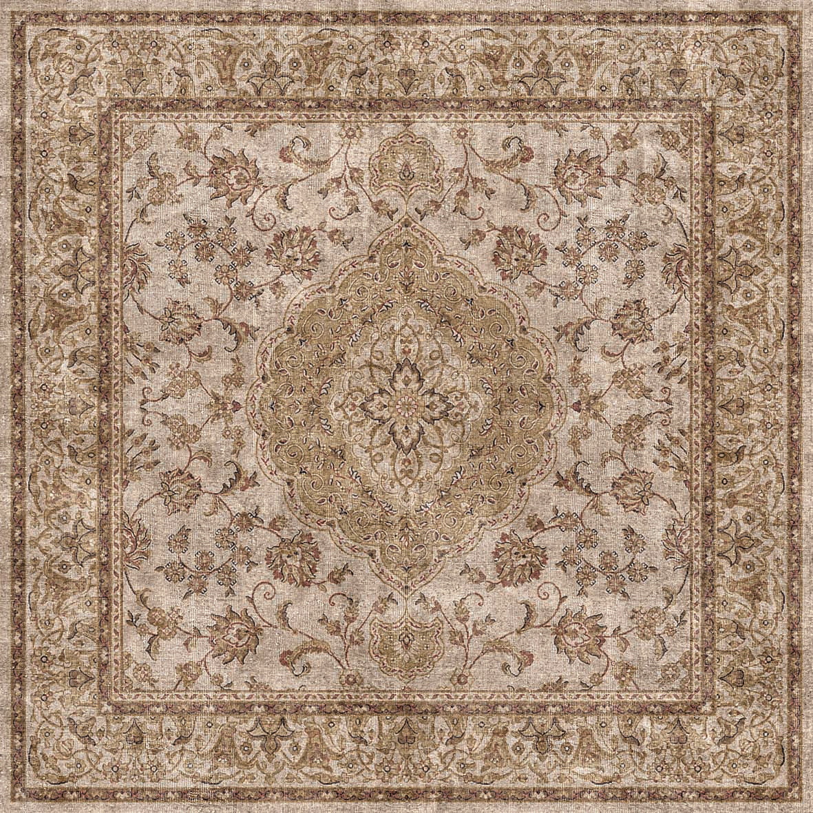 Beige and brown traditional rug with a central floral medallion and ornate border in a distressed, vintage style.