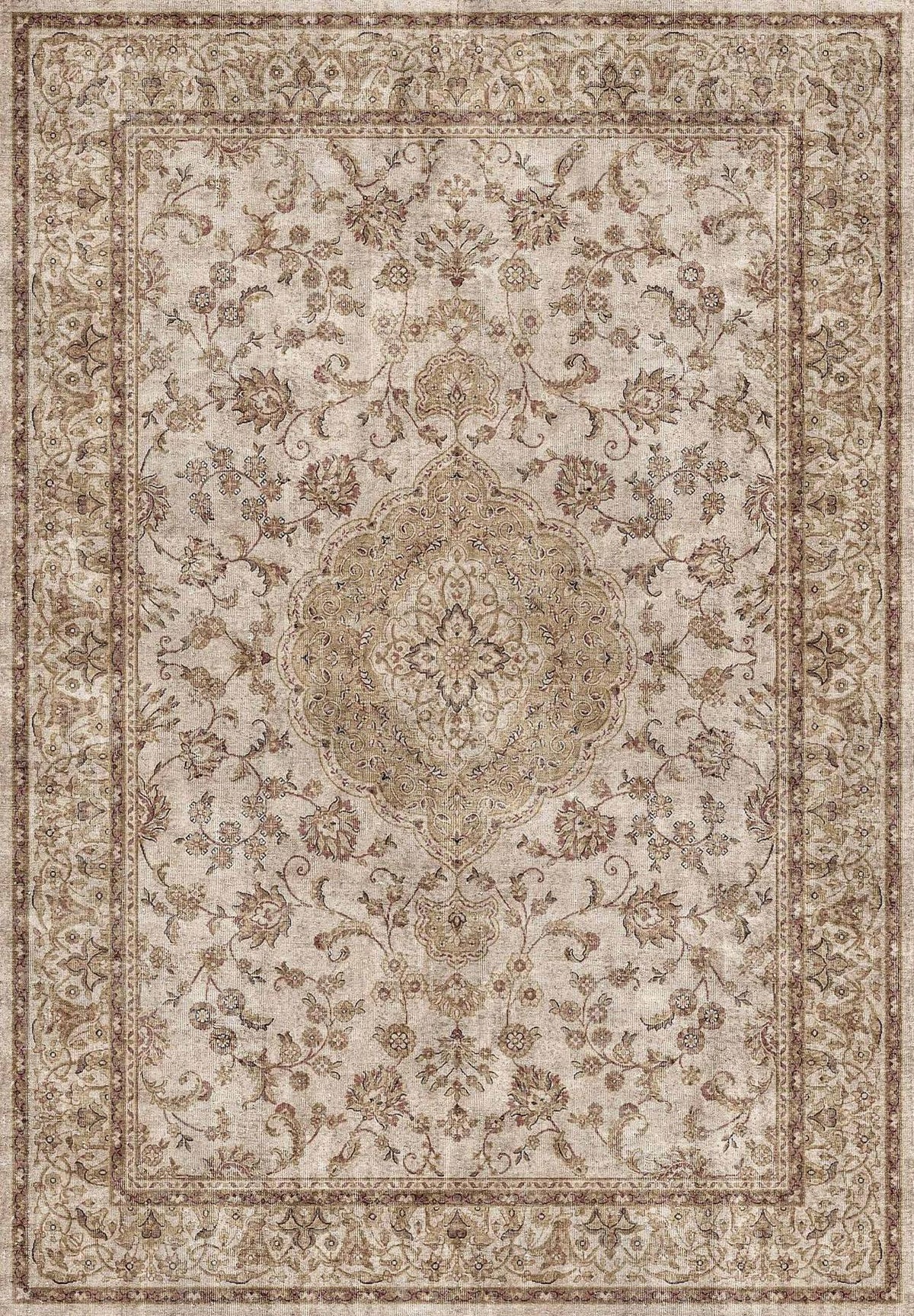 Beige and taupe traditional rug with a central floral medallion and ornate border in a distressed, vintage style.
