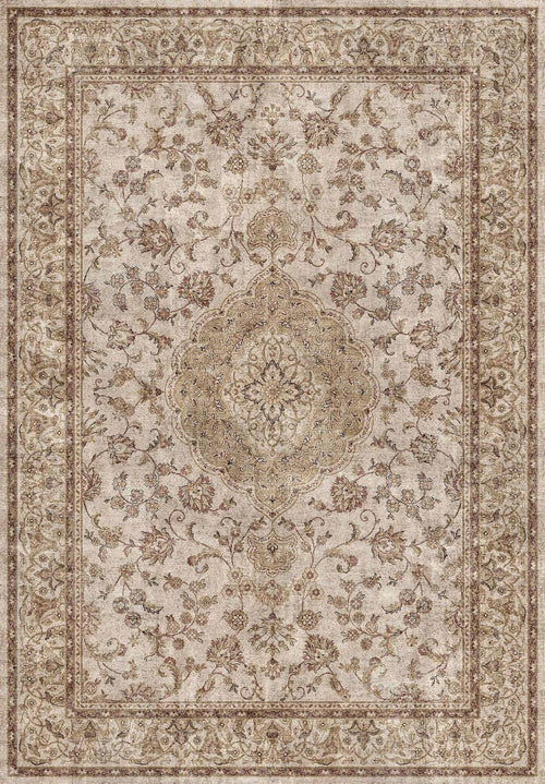 Load image 1 in gallery view. Beige and taupe traditional rug with a central floral medallion and ornate border in a distressed, vintage style.