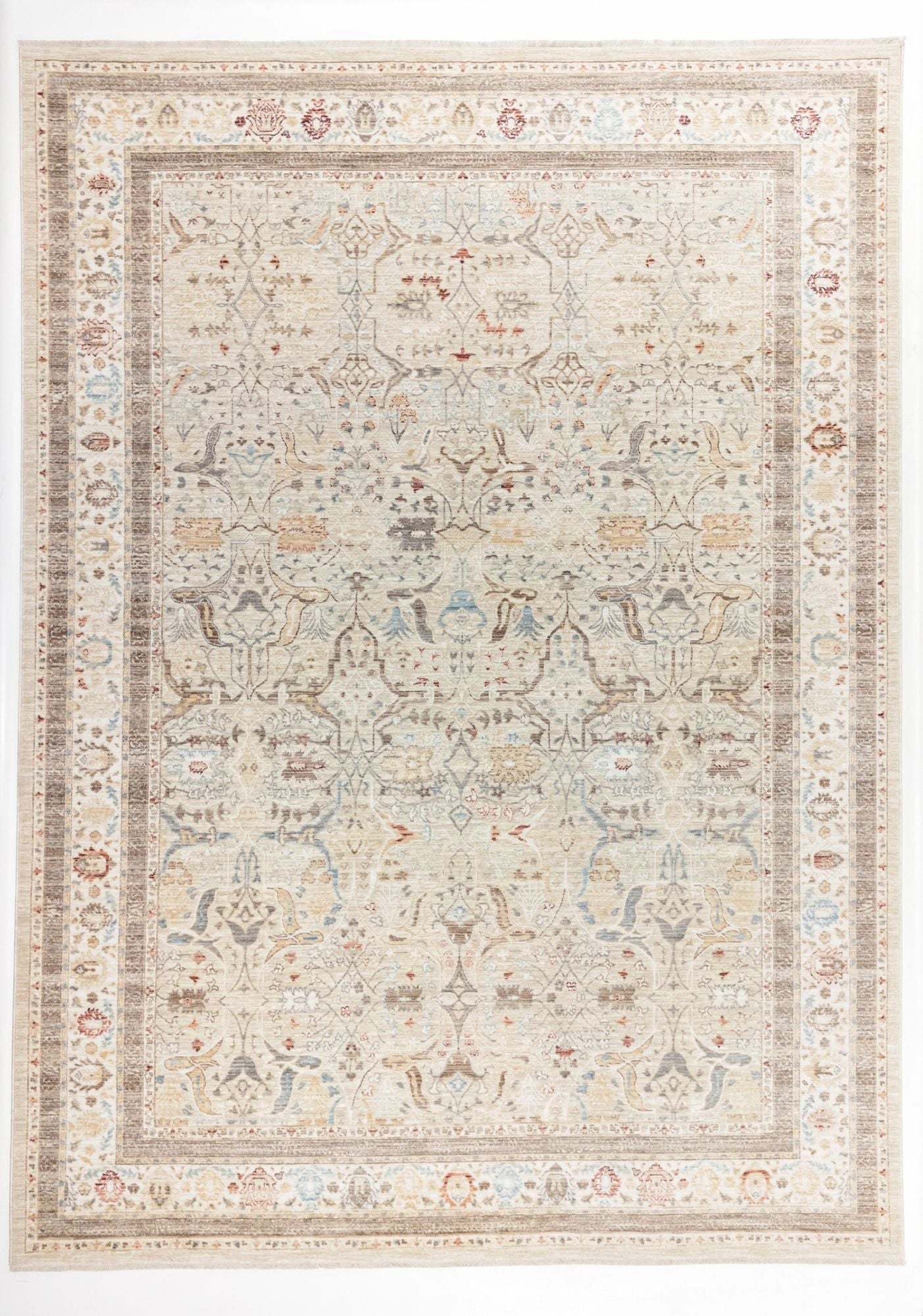 The Pearl Oushak - Area Rug - APX2931 is a large beige vintage rug with an intricate, symmetrical floral and vine pattern in muted cream, blue, and brown tones, framed by ornate bands with traditional motifs.