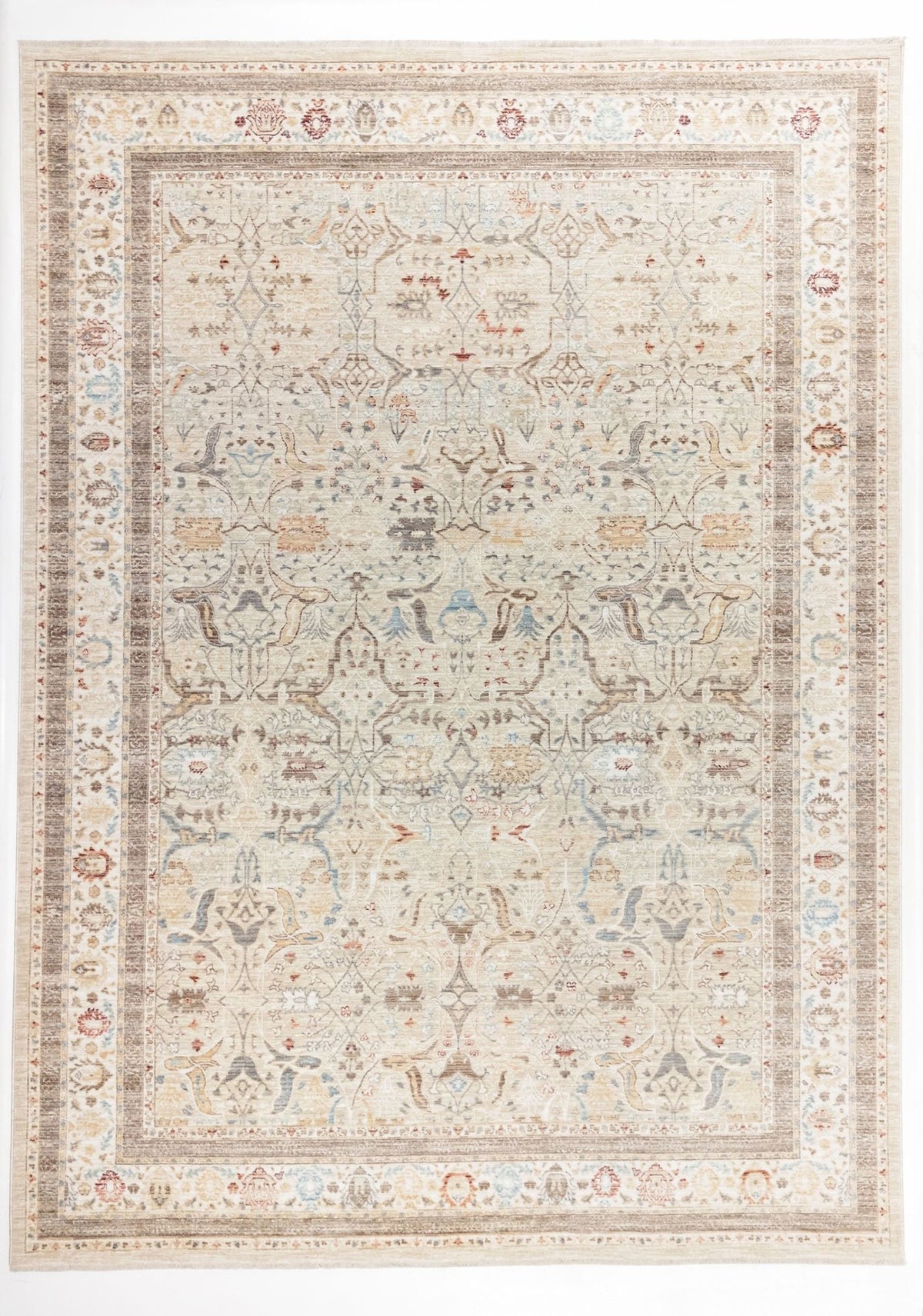 The Pearl Oushak - Area Rug - APX2931 is a large beige vintage rug with an intricate, symmetrical floral and vine pattern in muted cream, blue, and brown tones, framed by ornate bands with traditional motifs.