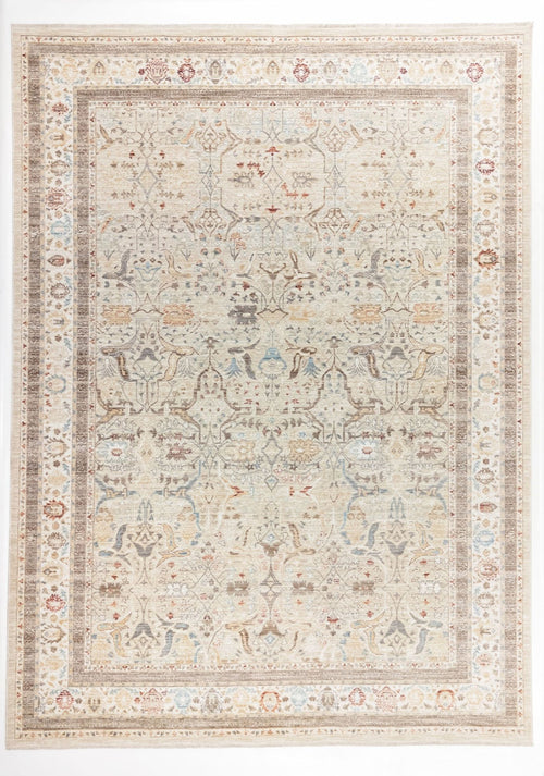 Load image 1 in gallery view. The Pearl Oushak - Area Rug - APX2931 is a large beige vintage rug with an intricate, symmetrical floral and vine pattern in muted cream, blue, and brown tones, framed by ornate bands with traditional motifs.