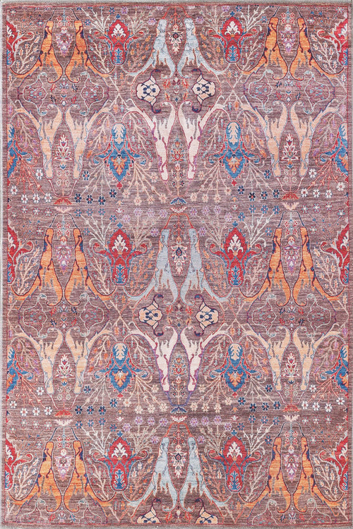 Load image 1 in gallery view. The Peregrine Peachy Brown Washable Rug - LCC3022 (Outlet) US features an ornate, symmetrical oriental flat weave with detailed floral and paisley motifs in earthy red, blue, bronze, and brown on a muted background.