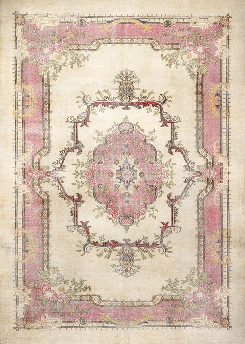 Load image 1 in gallery view. The Petal Mist - Washable Rug - JRS025 features a vintage-inspired faded floral pattern with a central medallion, ornate borders, and decorative motifs in pink and cream on a light beige background—ideal for adding classic charm to contemporary spaces.