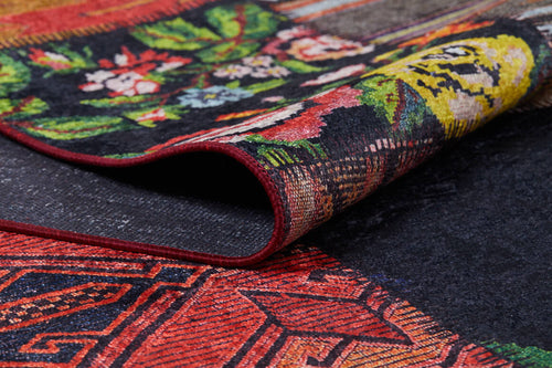 Load image 1 in gallery view. A close-up of the Petal Paradise - Washable Rug - JR315 (Custom Size) shows its intricate red, yellow, green, and black floral and geometric patterns—perfect for high-traffic spaces.