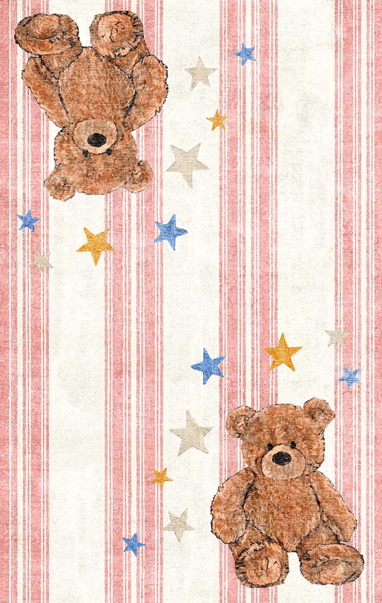 Cream rug with vertical pink stripes, brown teddy bears, and scattered blue, yellow, and beige stars.