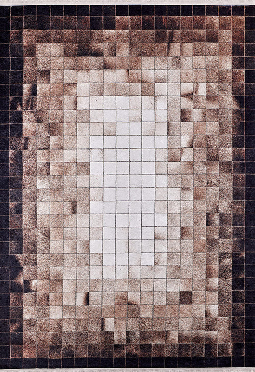 Load image 1 in gallery view. Pinstripe Paradise - Washable Rug - JR1004 (Custom Size) features a rectangular pixelated pattern of brown, beige, and white squares with a gradient from dark edges to a light center—ideal for high-traffic spaces and easy to wash.