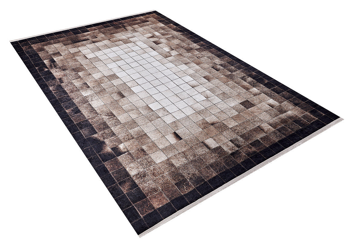 The Pinstripe Paradise - Washable Rug - JR1004 features a pixelated gradient design from light center squares to dark bronze and black edges, making it ideal for high-traffic areas. Custom size available; shown on a white background.