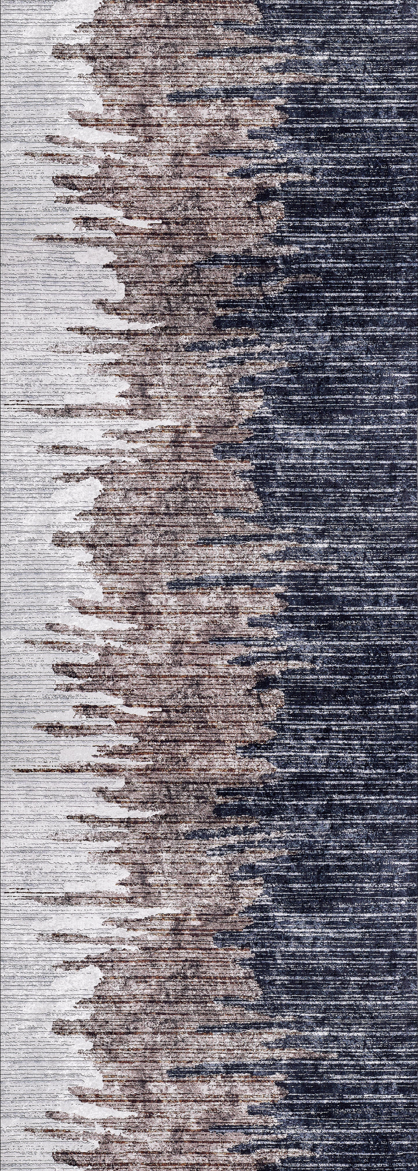 The Pixelated Paradise - Machine-Washable Rug JR902 features a gradient of light gray, bronze, brown, and dark navy blue in jagged horizontal streaks for a textured modern look—perfect for allergy-sensitive homes.