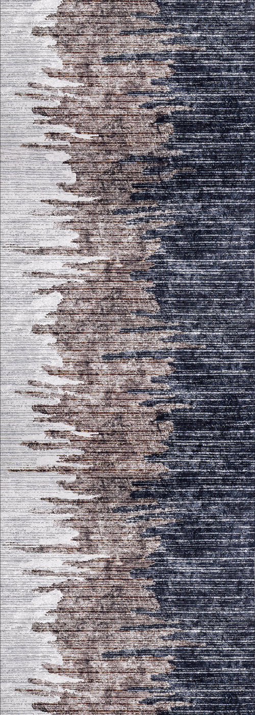 Load image 1 in gallery view. The Pixelated Paradise - Machine-Washable Rug JR902 features a gradient of light gray, bronze, brown, and dark navy blue in jagged horizontal streaks for a textured modern look—perfect for allergy-sensitive homes.
