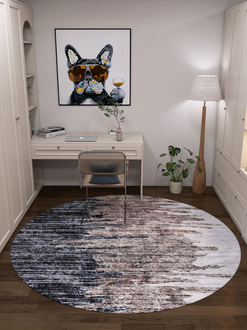 Bild 1 in Galerieansicht laden. A home office with a desk, chair, and laptop features the Pixelated Paradise - Machine-Washable Rug JR902 (Custom Size), ideal for high-traffic areas. Wall art shows a dog in sunglasses, and shelves, cabinets, lamp, and plant complete the space.