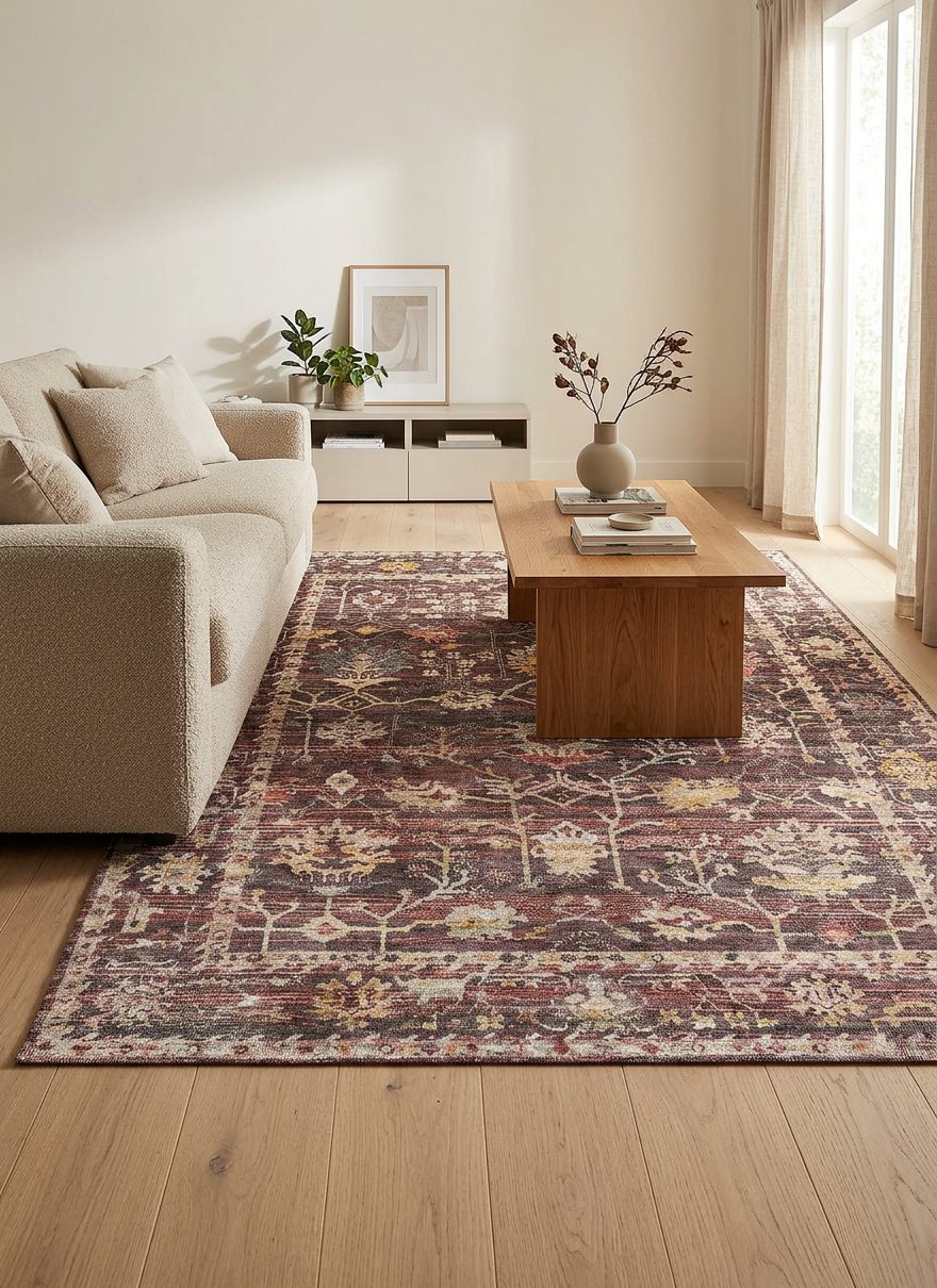 Dark red and gold traditional floral rug with a distressed finish, styled in a modern living room.