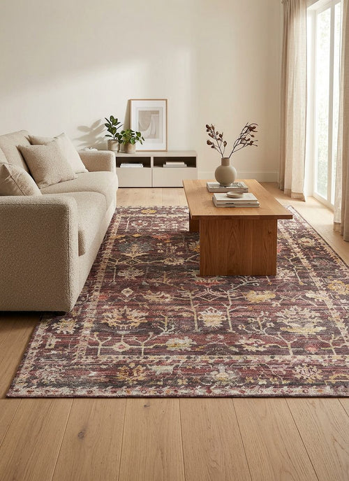 Bild 1 in Galerieansicht laden. Dark red and gold traditional floral rug with a distressed finish, styled in a modern living room.