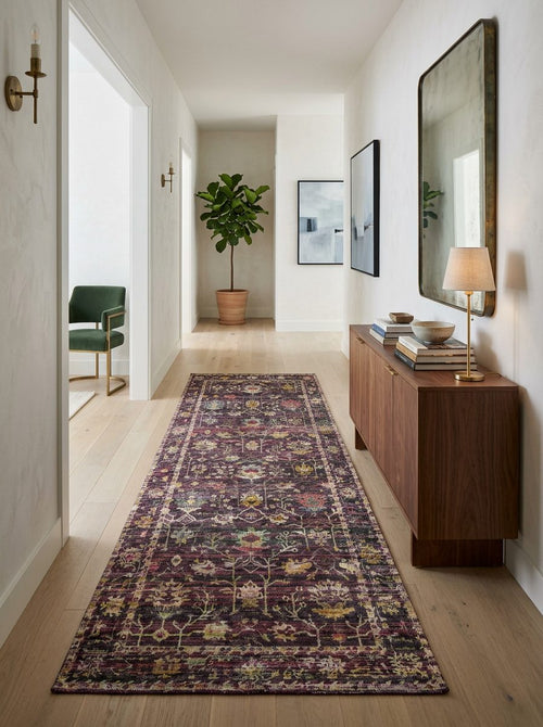 Bild 1 in Galerieansicht laden. Deep purple runner rug with a traditional floral medallion pattern, styled in a bright hallway.