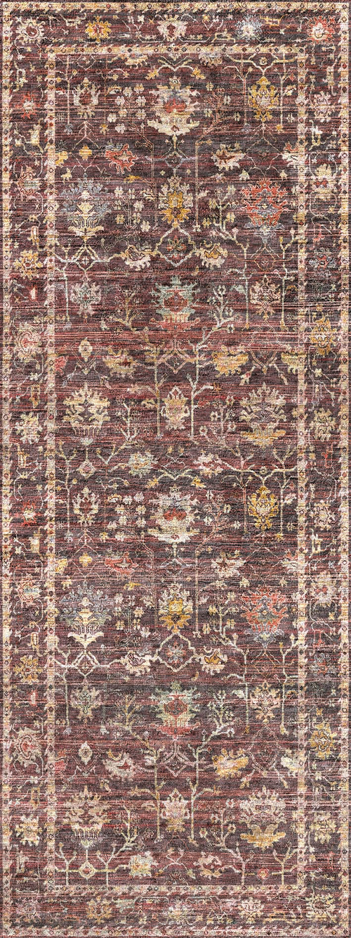 Bild 1 in Galerieansicht laden. Dark burgundy runner rug with a distressed traditional floral medallion pattern in gold, cream, and muted blue tones.